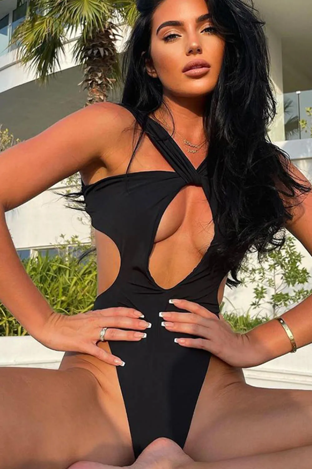 Cross-Front Halter Neck Cut Out High-Cut Brazilian One Piece Swimsuit - Black/Sienna sold by Floralkini product image thumbnail 3