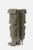 Denim Flap Pocket Embellished Square Toe Knee-High Stiletto Heeled Boots - Khaki sold by Floralkini