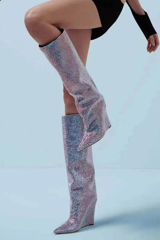 Crystal Embellished Faux Suede Wedge Heel Knee Boots - Purple/Light Blue/Black/Silver sold by Floralkini