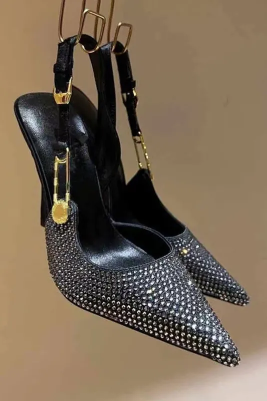 Sparkle Crystal Pin Pointed Toe Slingback High Stiletto Pump - Black sold by Floralkini