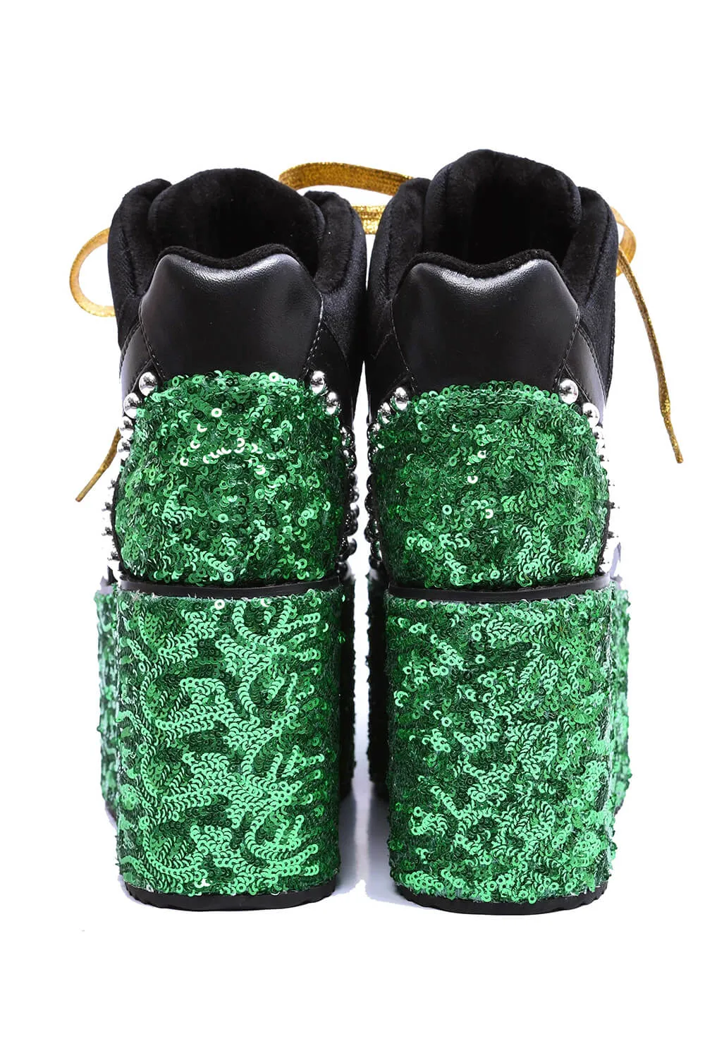 Green Sequined Lace Up Platform Sneakers With Studded Details - Yellow sold by Floralkini product image thumbnail 5