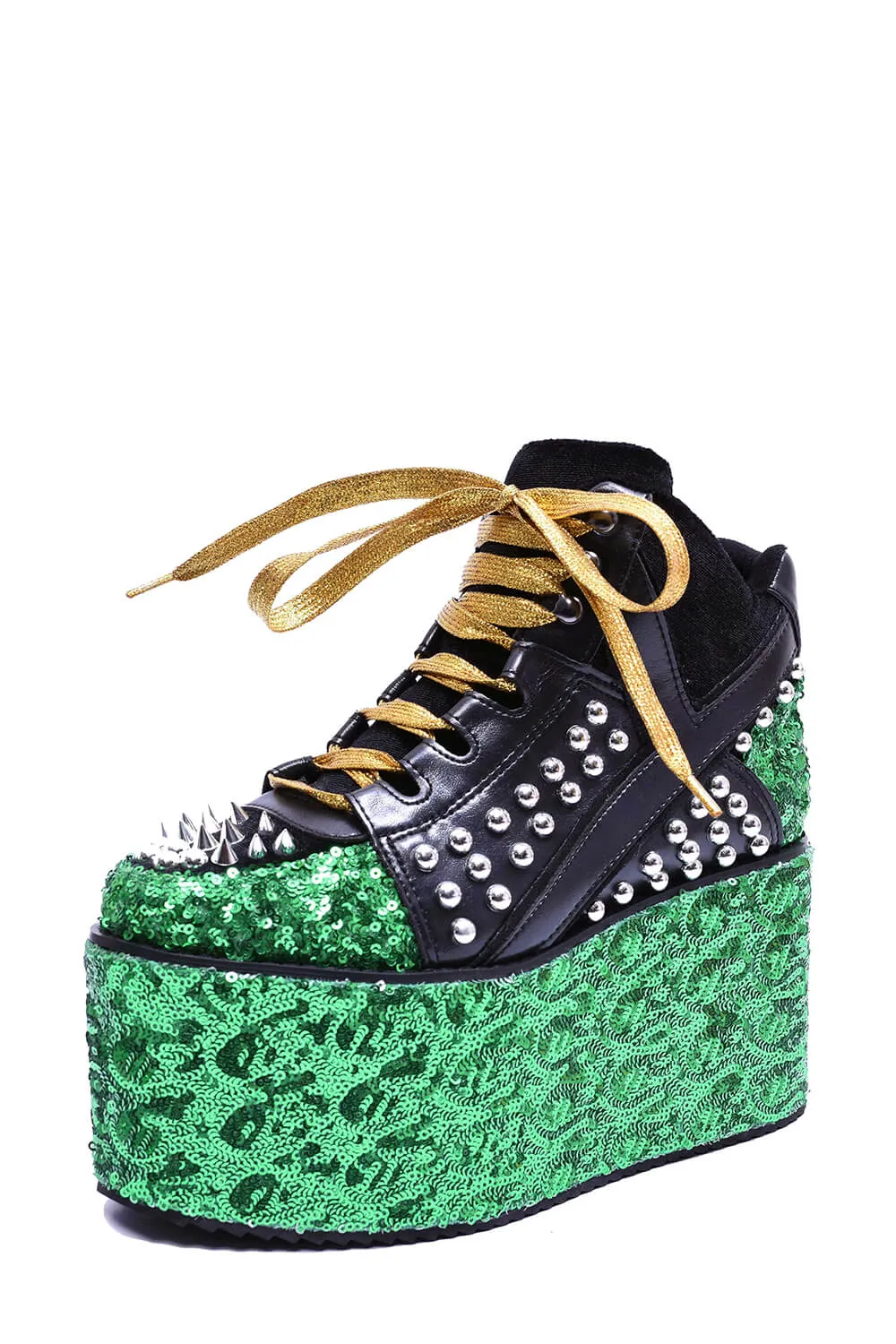 Green Sequined Lace Up Platform Sneakers With Studded Details - Yellow sold by Floralkini product image thumbnail 2