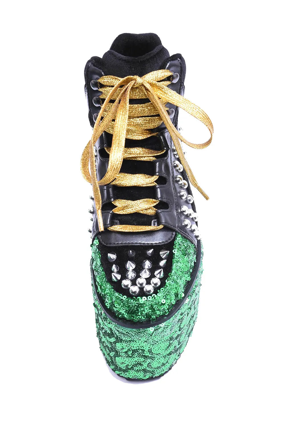Green Sequined Lace Up Platform Sneakers With Studded Details - Yellow sold by Floralkini product image thumbnail 3