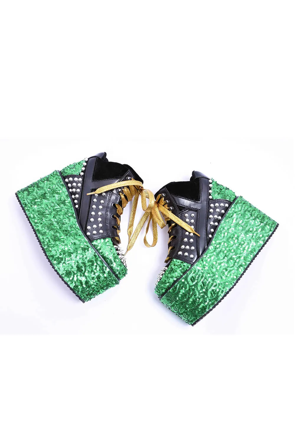 Green Sequined Lace Up Platform Sneakers With Studded Details - Yellow sold by Floralkini product image thumbnail 4