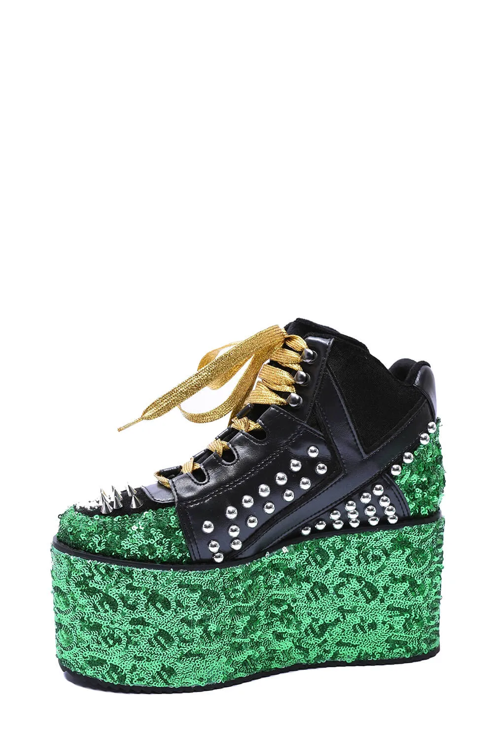 Green Sequined Lace Up Platform Sneakers With Studded Details - Yellow sold by Floralkini