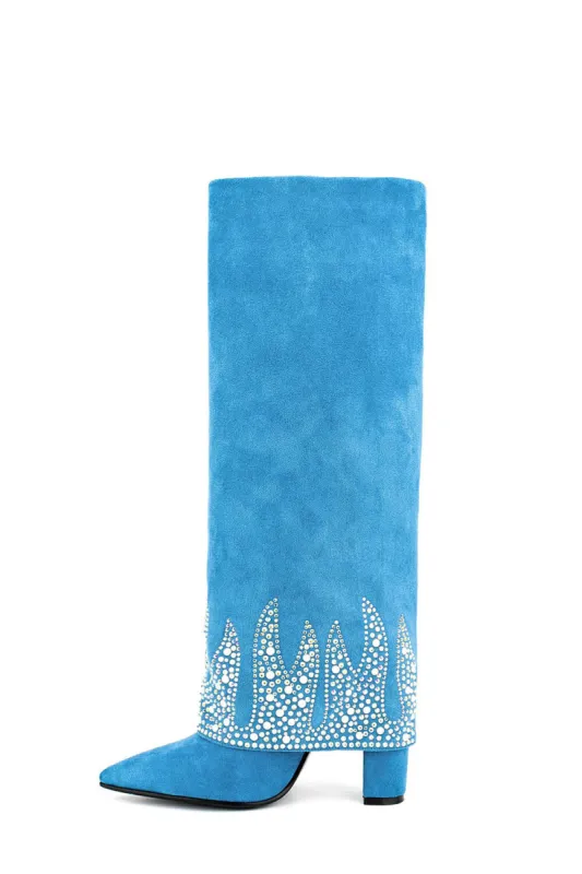 Suede Folded Crystal Knee High Pointed Toe Block Heel Long Boots - Blue sold by Floralkini