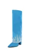 Suede Folded Crystal Knee High Pointed Toe Block Heel Long Boots - Blue sold by Floralkini