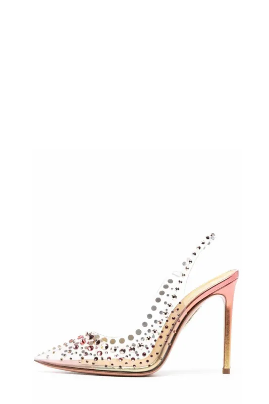 Crystal Embellished Clear Perspex Pointed Toe Stiletto Heeled Slingback Pumps - Yellow sold by Floralkini