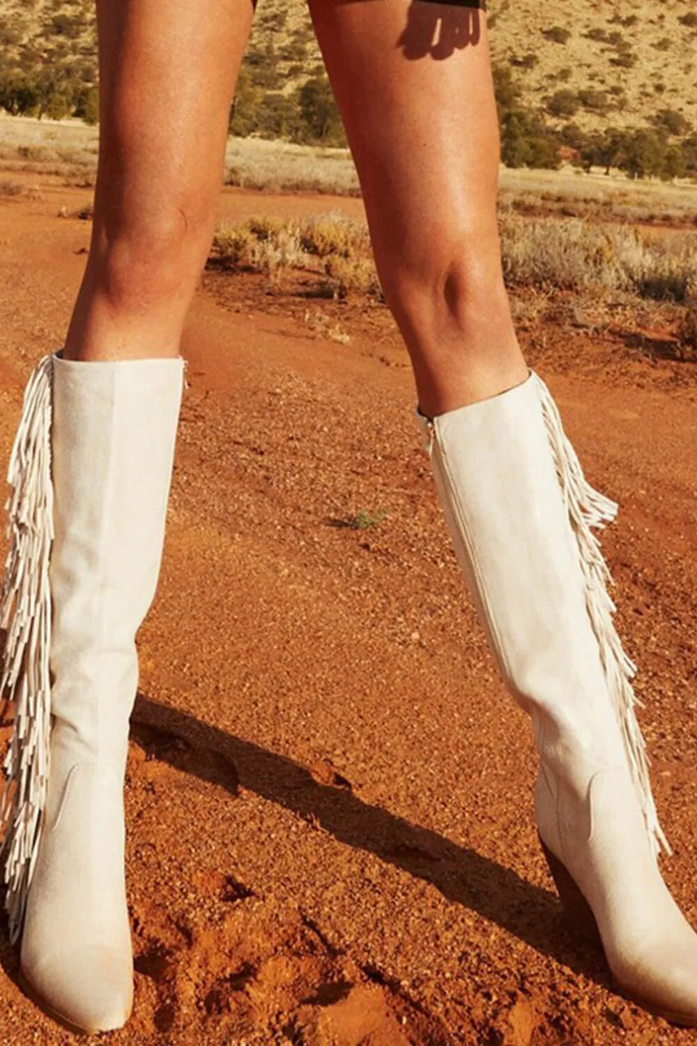 White Pointed Toe Knee-High Fringe Block Heeled Boots sold by Floralkini product image thumbnail 3
