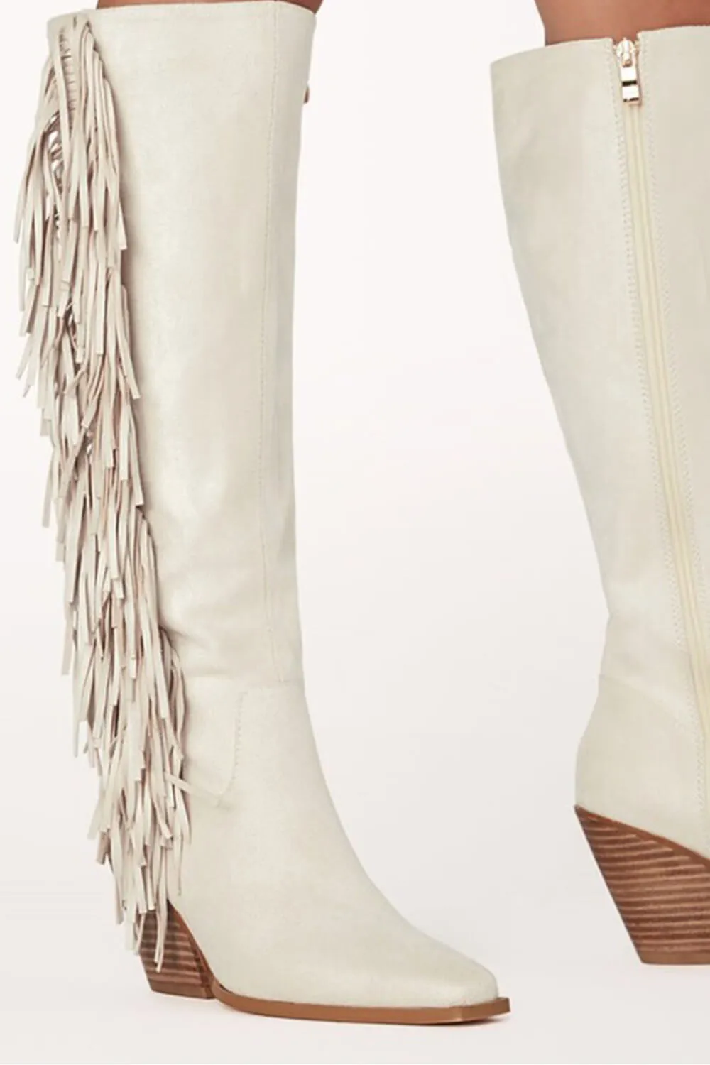 White Pointed Toe Knee-High Fringe Block Heeled Boots sold by Floralkini product image thumbnail 5