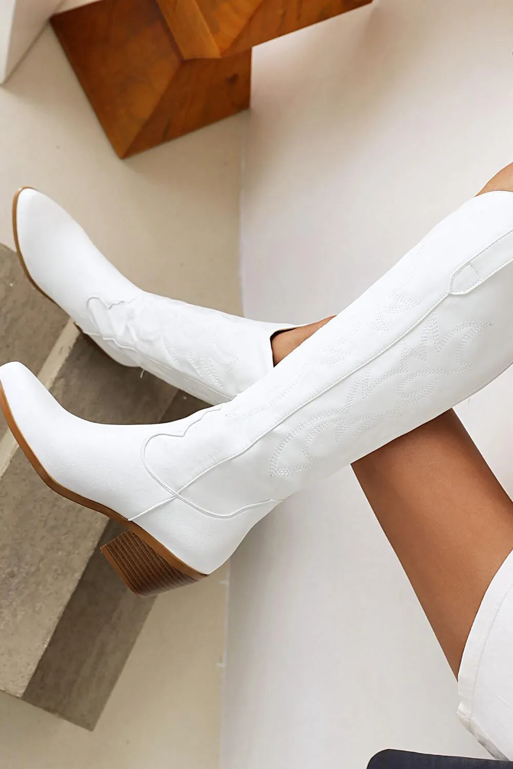 Leather Western Cowboy Almond Toe Knee High Block Heeled Boots - White sold by Floralkini product image thumbnail 3