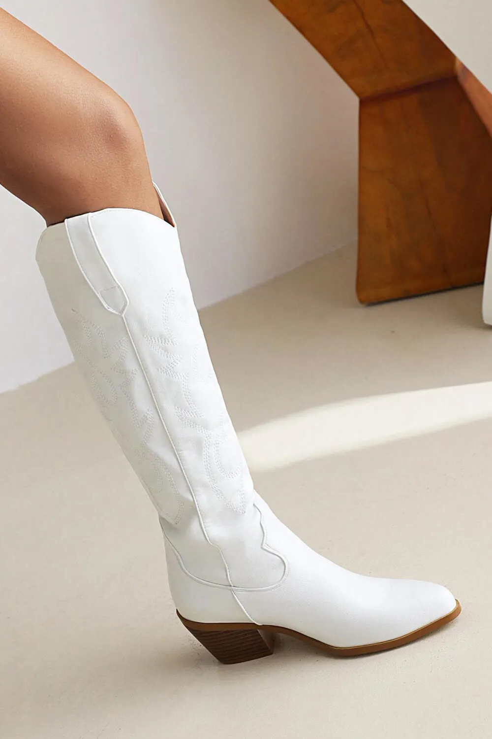 Leather Western Cowboy Almond Toe Knee High Block Heeled Boots - White sold by Floralkini product image thumbnail 4