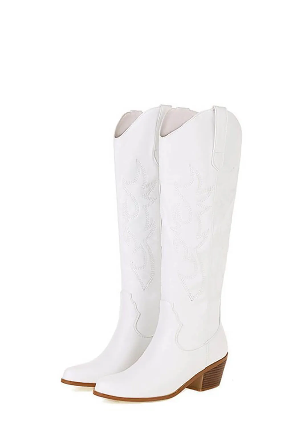 Leather Western Cowboy Almond Toe Knee High Block Heeled Boots - White sold by Floralkini product image thumbnail 2