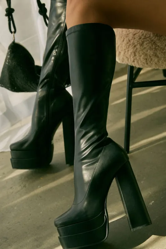 Faux Leather Double Platform Square Toe Chunky Block Heel Knee High Boot - Black sold by Floralkini