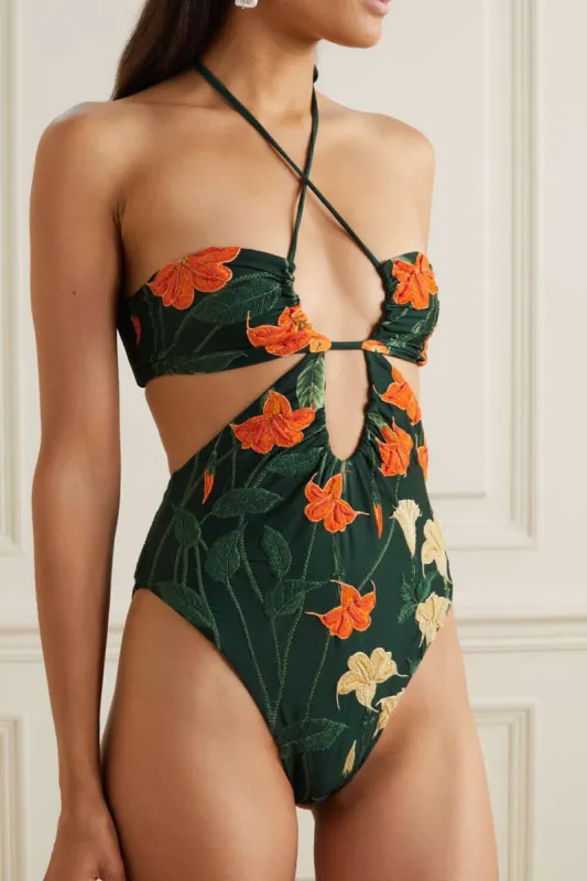 Floral Printed Cutouts Halter One Piece Swimsuit - Red sold by Floralkini