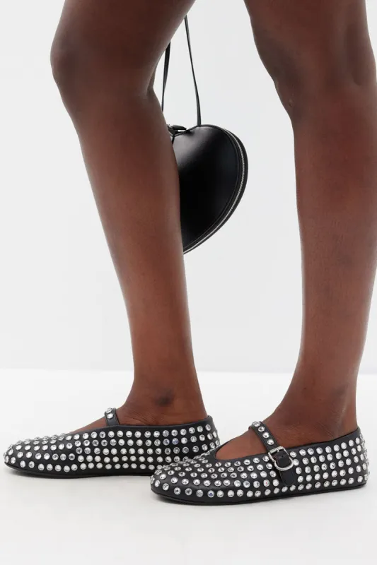 Faux Leather Crystal-Embellished Buckled Ballet Flats - Black sold by Floralkini