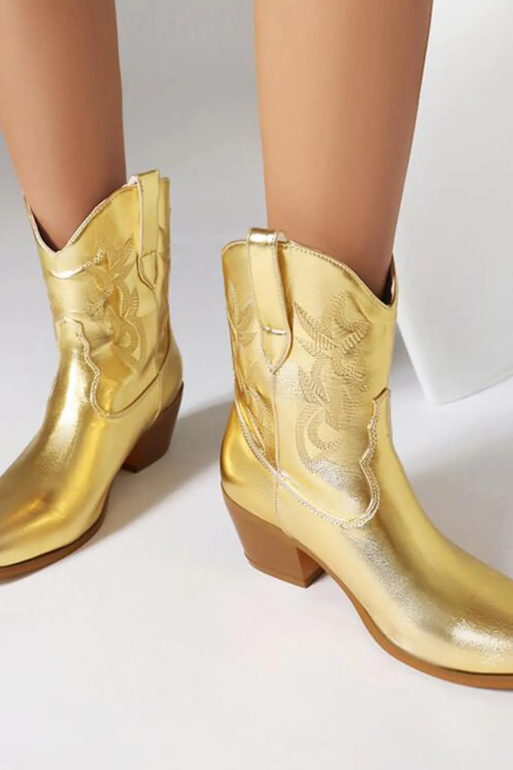 Metallic Western Cowboy Pointed Toe Block Heeled Ankle Boots - Gold sold by Floralkini product image thumbnail 4