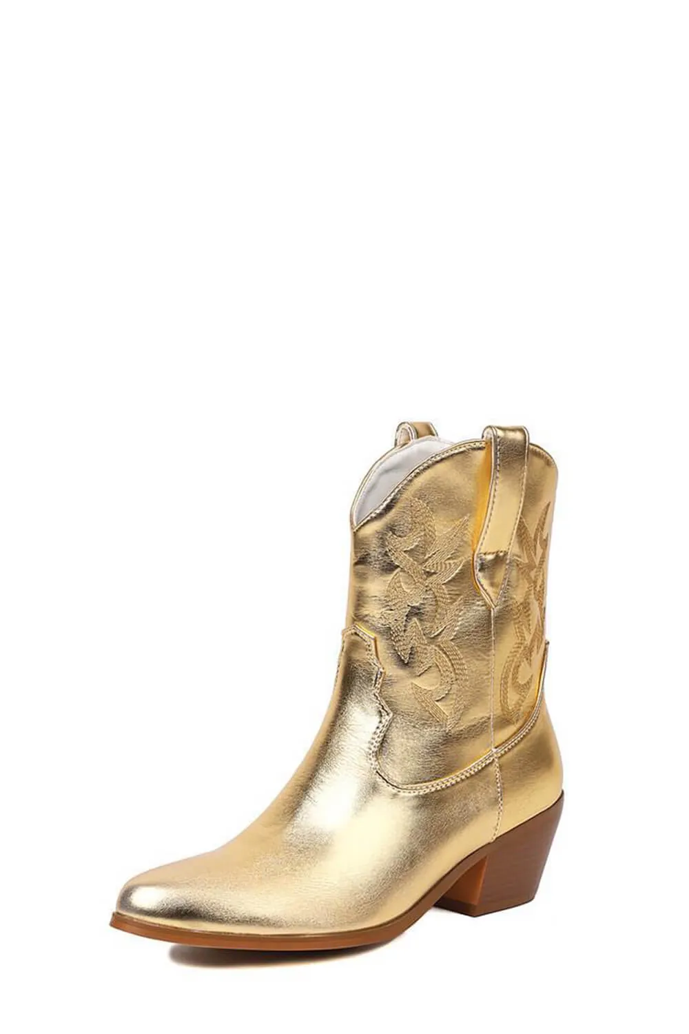 Metallic Western Cowboy Pointed Toe Block Heeled Ankle Boots - Gold sold by Floralkini product image thumbnail 2