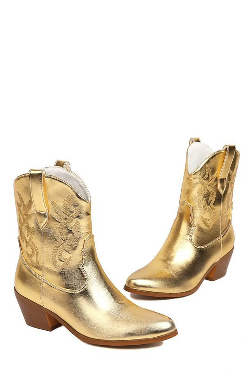Metallic Western Cowboy Pointed Toe Block Heeled Ankle Boots - Gold sold by Floralkini product image thumbnail 3