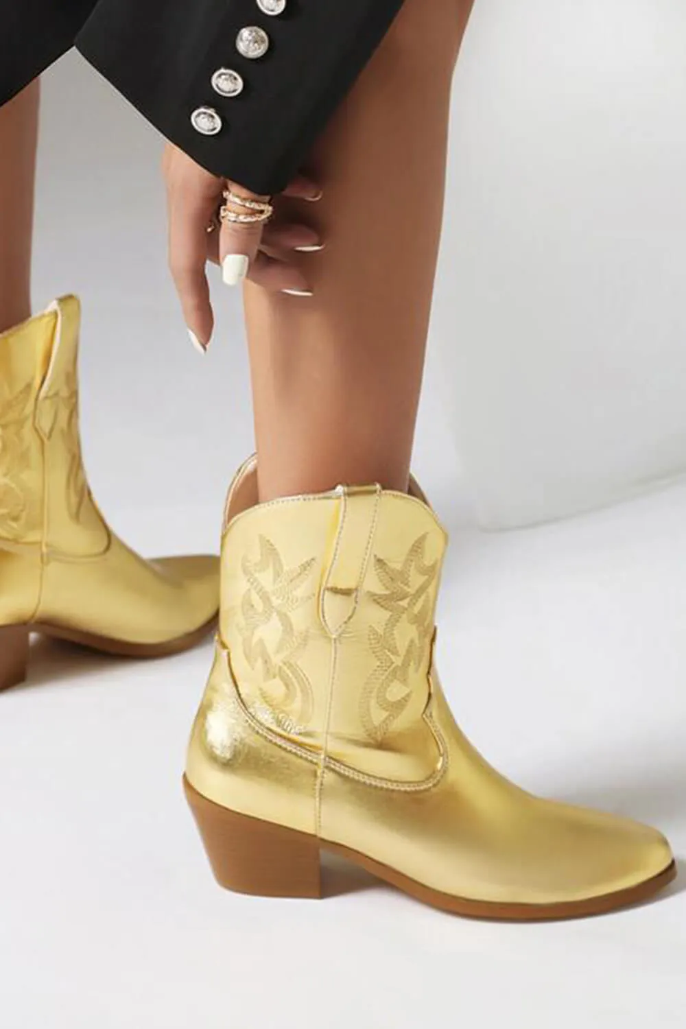 Metallic Western Cowboy Pointed Toe Block Heeled Ankle Boots - Gold sold by Floralkini