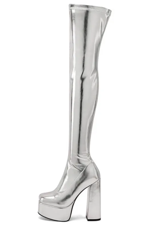 Metallic Faux Leather Platform Block Heel Thigh High Boots - Silver sold by Floralkini