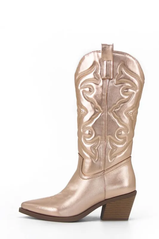 Champagne Metallic Mid-Calf Western Cowboy Pointed Toe Block Heeled Boot sold by Floralkini