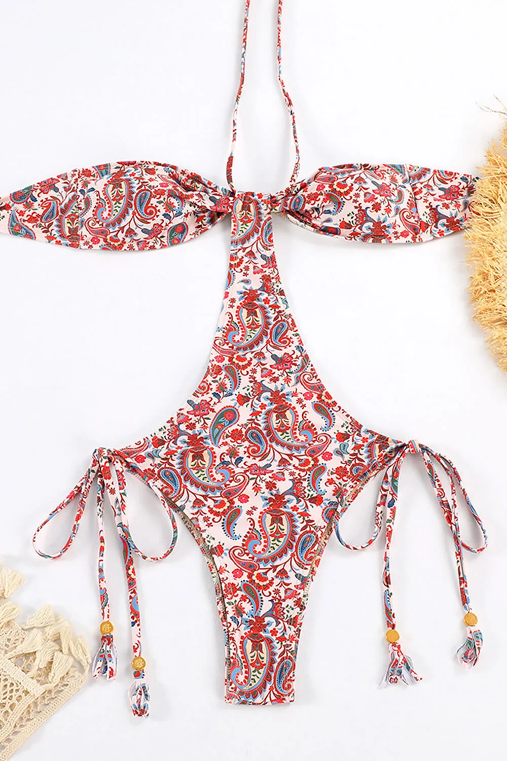 Paisley Print Bandeau Cut-Out Halter-Neck Tie Side One Piece Swimsuit sold by Floralkini product image thumbnail 3