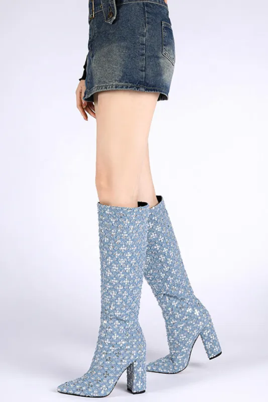 Denim Sequin Pointed Toe Block Heel Knee Long Boot sold by Floralkini