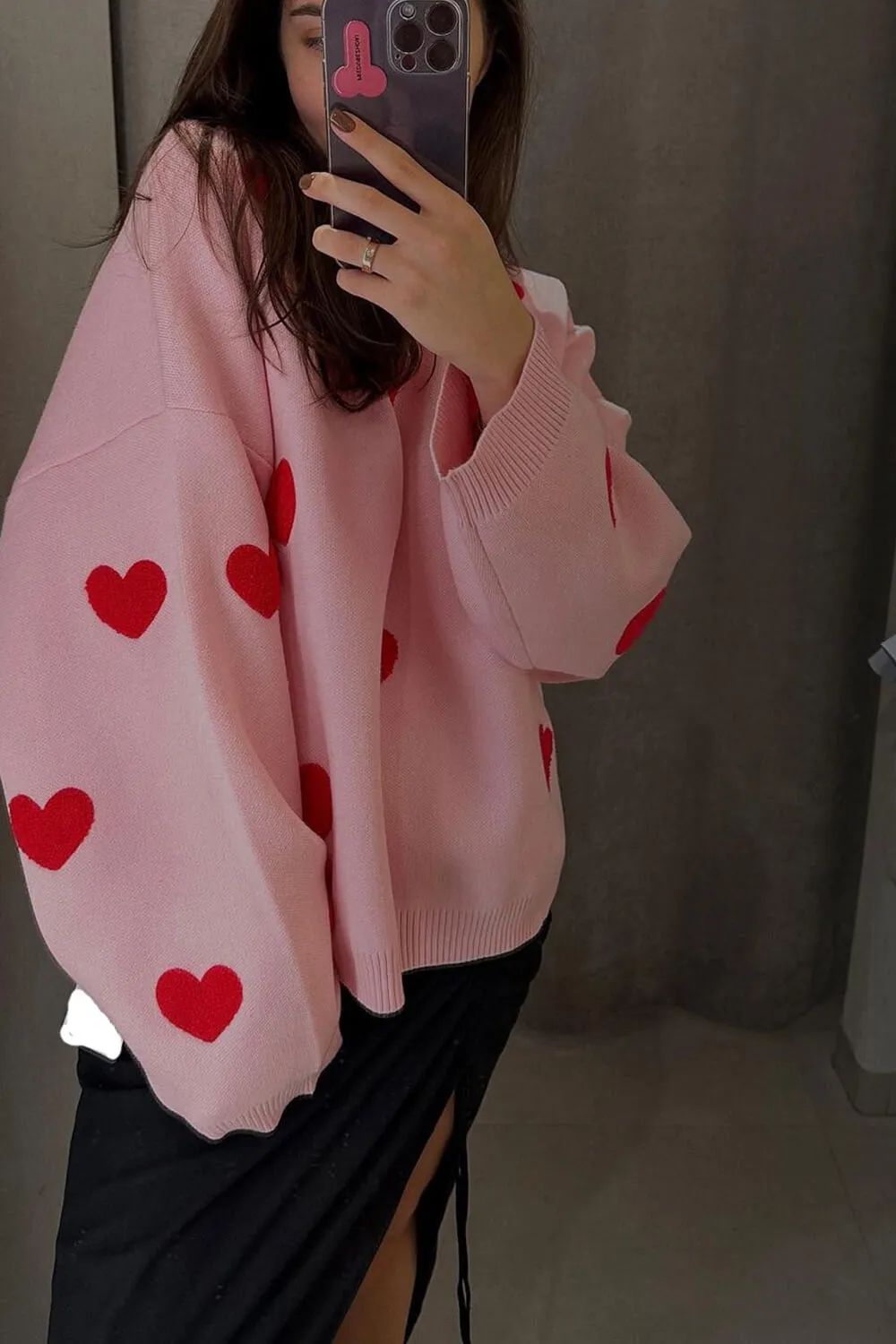 Heart Pattern Crew Neck Knit Jumper - Pink & Red sold by Floralkini product image thumbnail 2