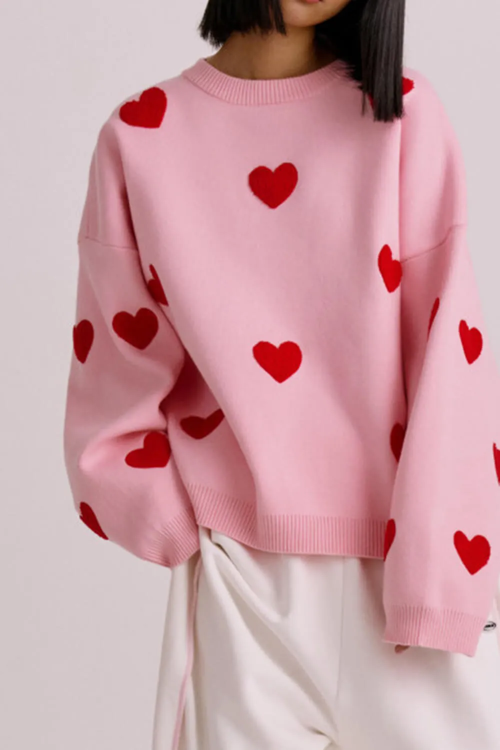 Heart Pattern Crew Neck Knit Jumper - Pink & Red sold by Floralkini product image thumbnail 3