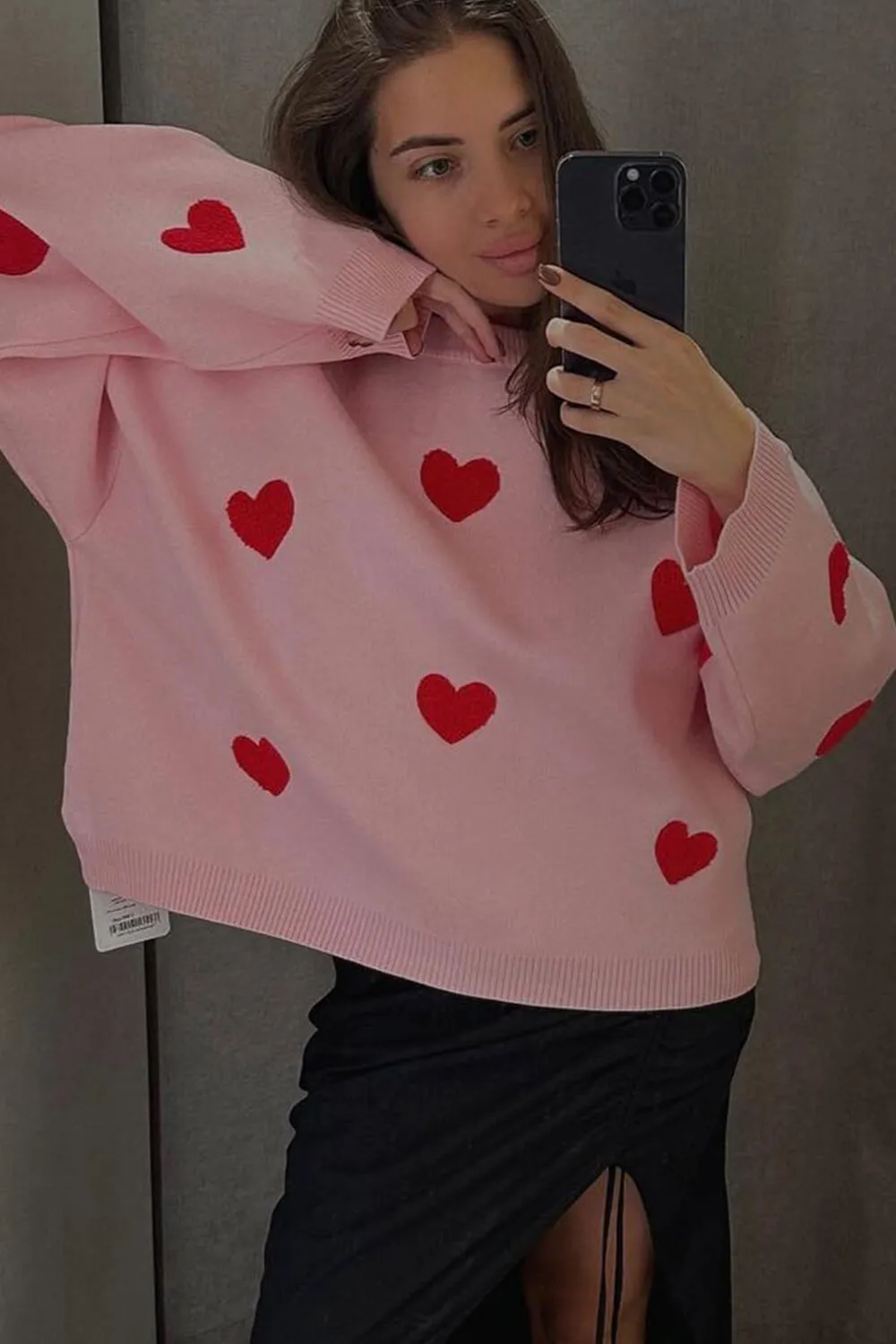 Heart Pattern Crew Neck Knit Jumper - Pink & Red sold by Floralkini