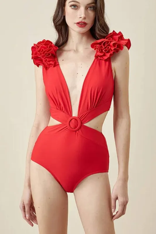 Red Deep V Ruffled Cutout One Piece Swimsuit sold by Floralkini