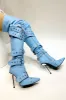 Multi Buckle Pointed Toe Thigh High Stiletto Heel Boots - Blue sold by Floralkini