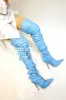 Multi Buckle Pointed Toe Thigh High Stiletto Heel Boots - Blue sold by Floralkini