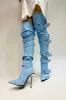 Multi Buckle Pointed Toe Thigh High Stiletto Heel Boots - Blue sold by Floralkini