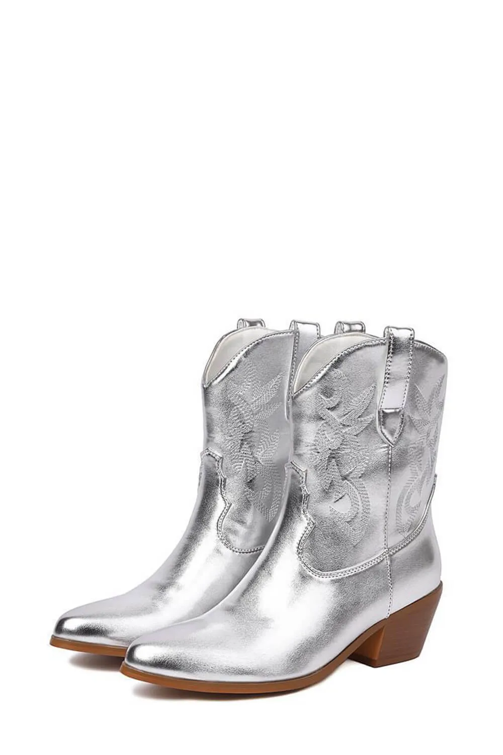 Metallic Western Cowboy Pointed Toe Block Heeled Ankle Boots - Silver sold by Floralkini product image thumbnail 3