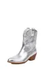 Metallic Western Cowboy Pointed Toe Block Heeled Ankle Boots - Silver sold by Floralkini