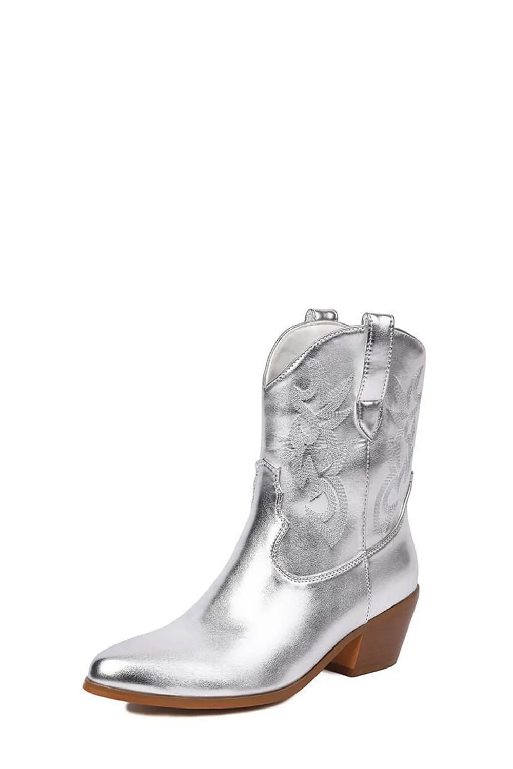 Metallic Western Cowboy Pointed Toe Block Heeled Ankle Boots - Silver sold by Floralkini product image thumbnail 2