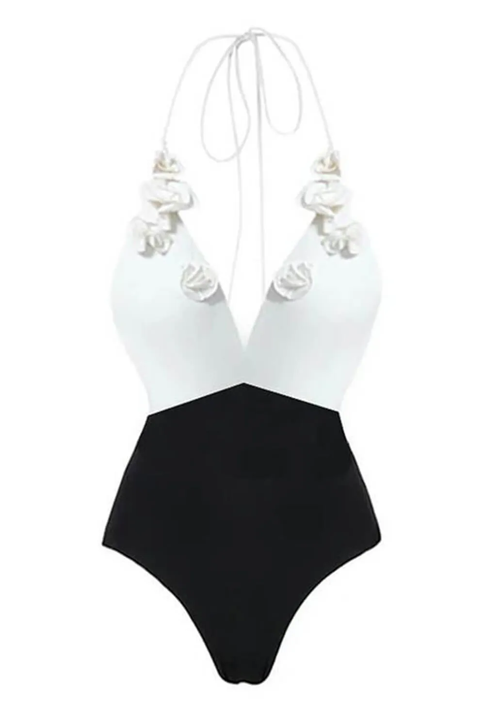 Black White Two-Tone V Neck 3D Flower Wrap Tie One Piece Swimsuit sold by Floralkini product image thumbnail 3