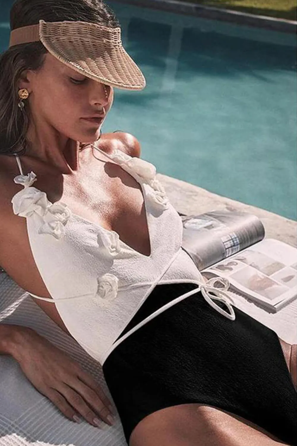 Black White Two-Tone V Neck 3D Flower Wrap Tie One Piece Swimsuit sold by Floralkini product image thumbnail 2