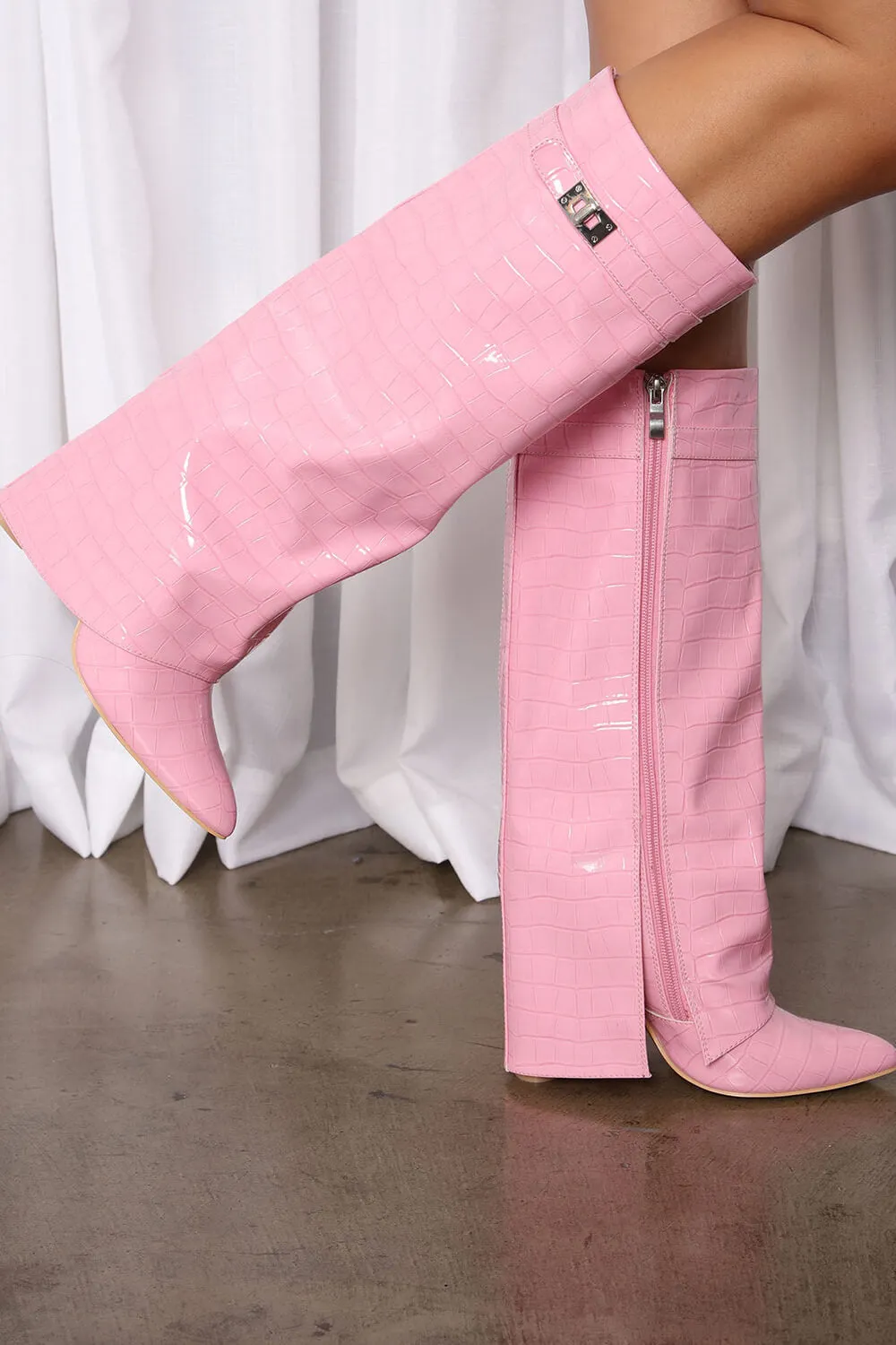 Croc-Effect Hardware Detail Folded Block Heel Knee High Long Boots - Pink sold by Floralkini product image thumbnail 2