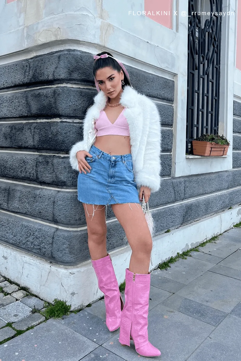 Croc-Effect Hardware Detail Folded Block Heel Knee High Long Boots - Pink sold by Floralkini product image thumbnail 4