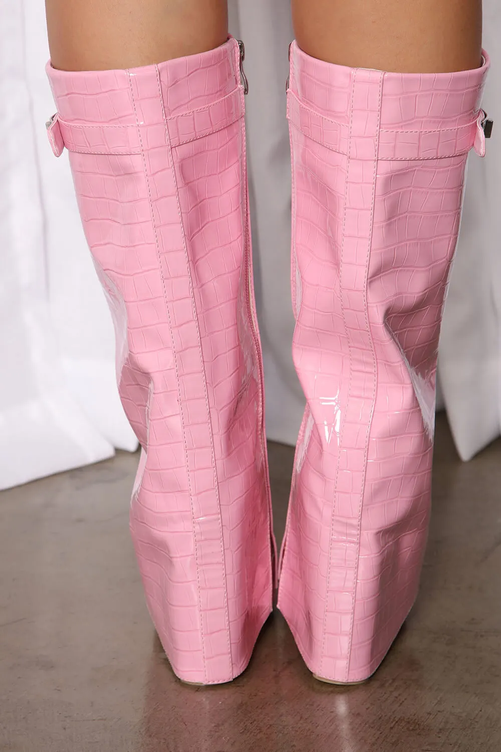 Croc-Effect Hardware Detail Folded Block Heel Knee High Long Boots - Pink sold by Floralkini product image thumbnail 3