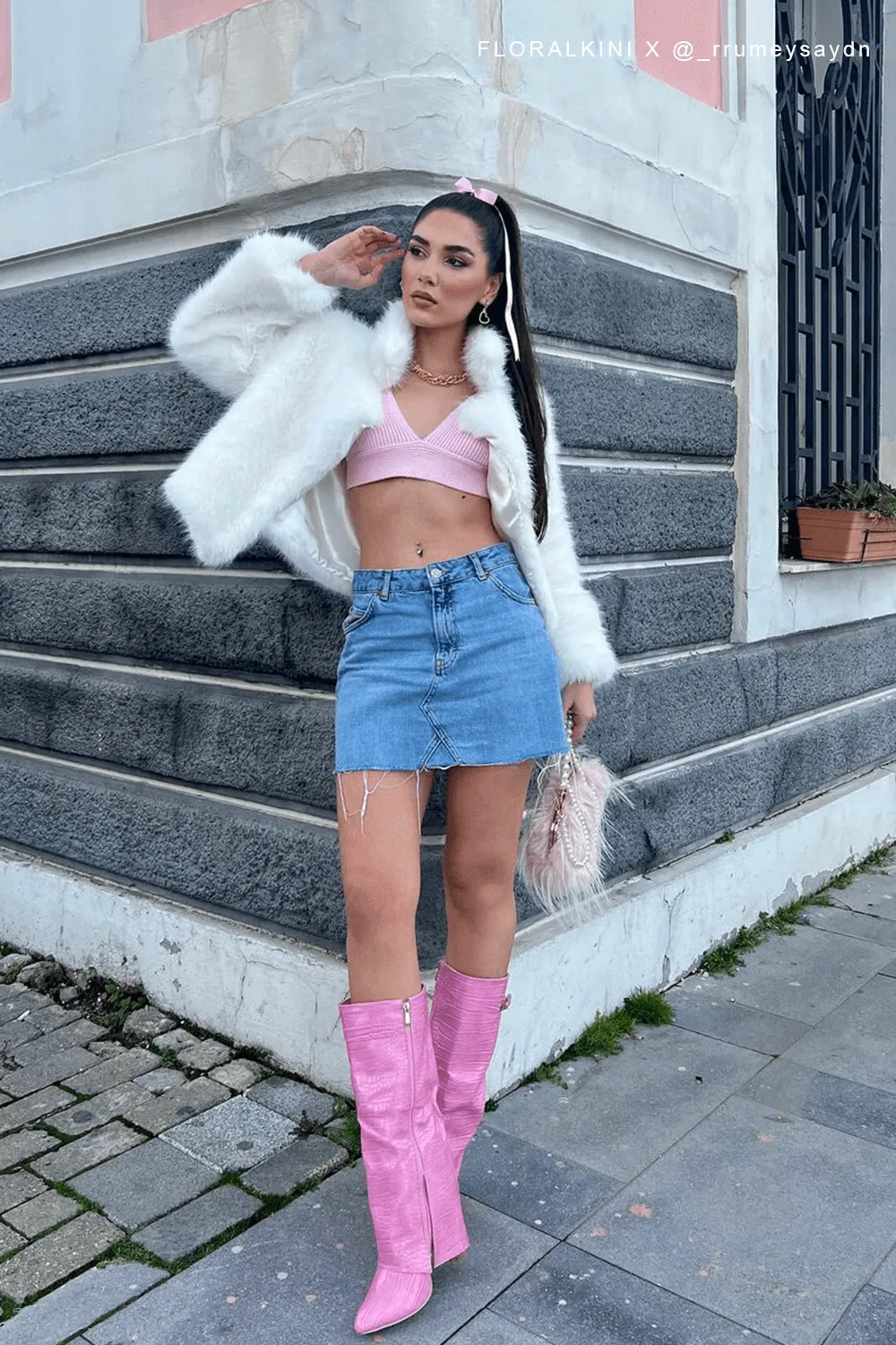 Croc-Effect Hardware Detail Folded Block Heel Knee High Long Boots - Pink sold by Floralkini product image thumbnail 5