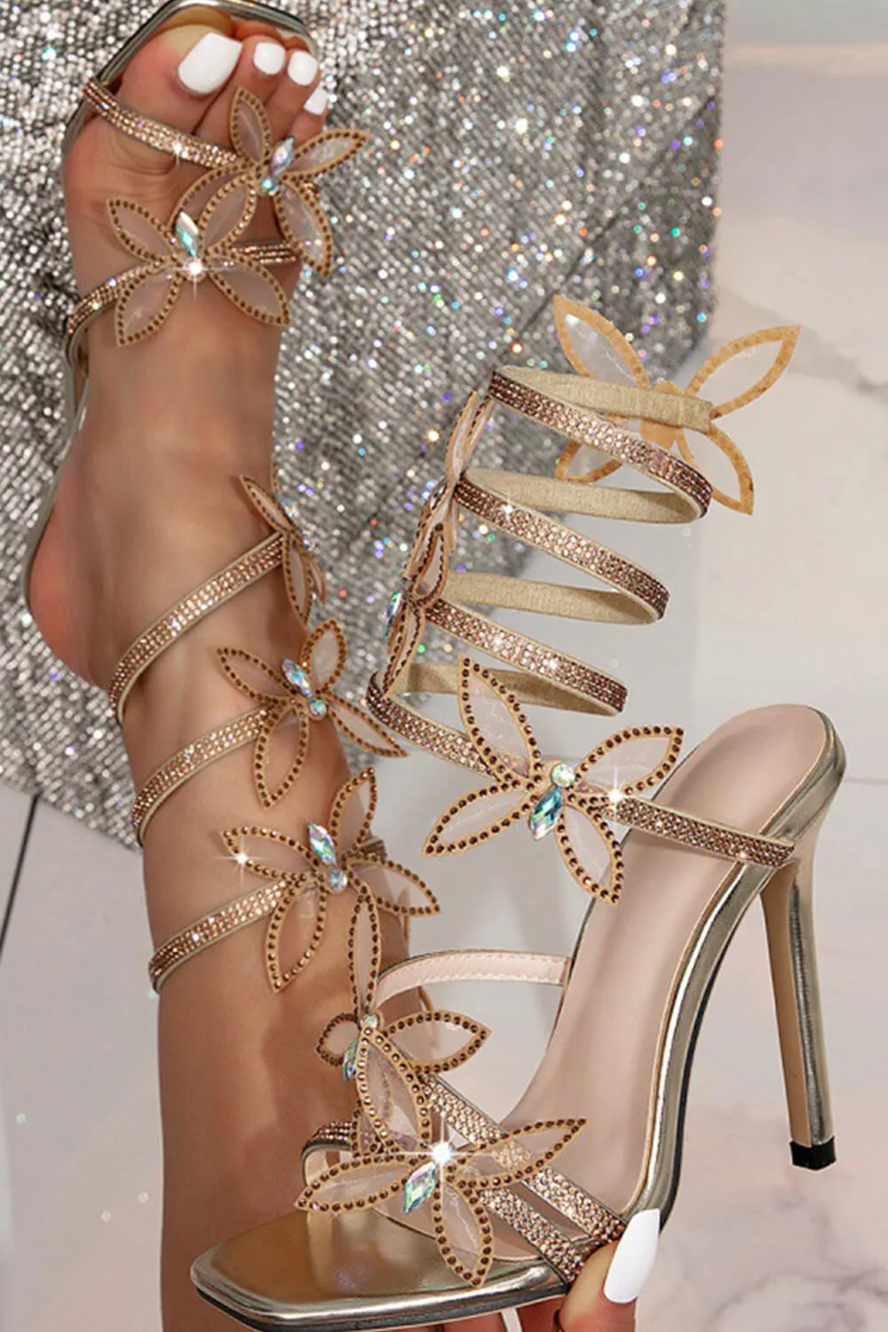 Crystal-Embellished Butterfly Snake Ankle Wrap Stiletto Sandals - Gold sold by Floralkini