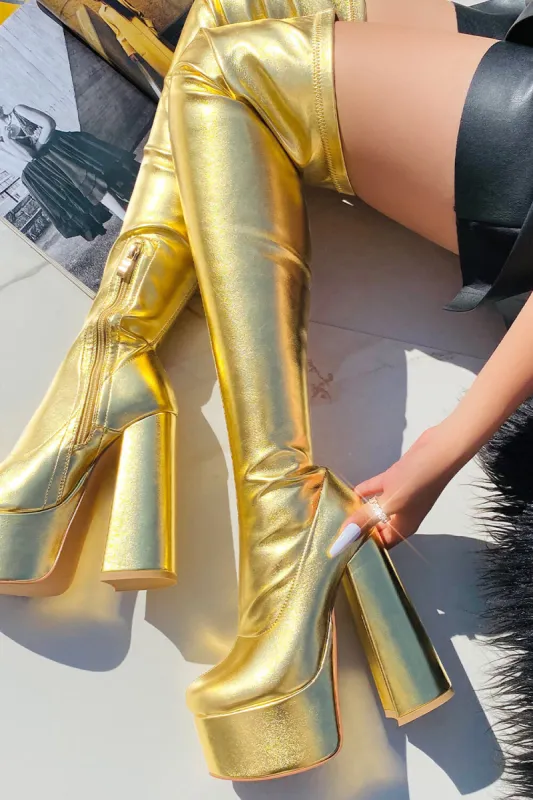 Metallic Faux Leather Platform Block Heel Thigh High Boots - Gold sold by Floralkini