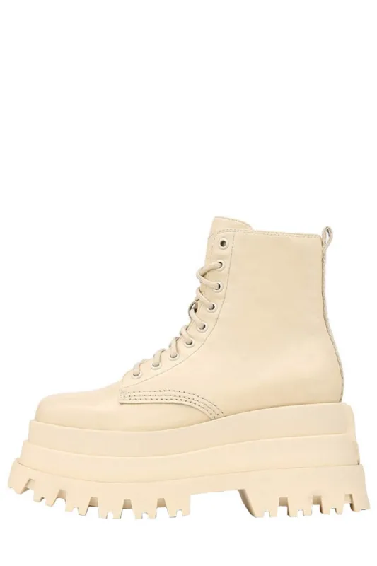 Faux Leather Lace-Up Stacked-Sole Square Toe Boots - Beige sold by Floralkini