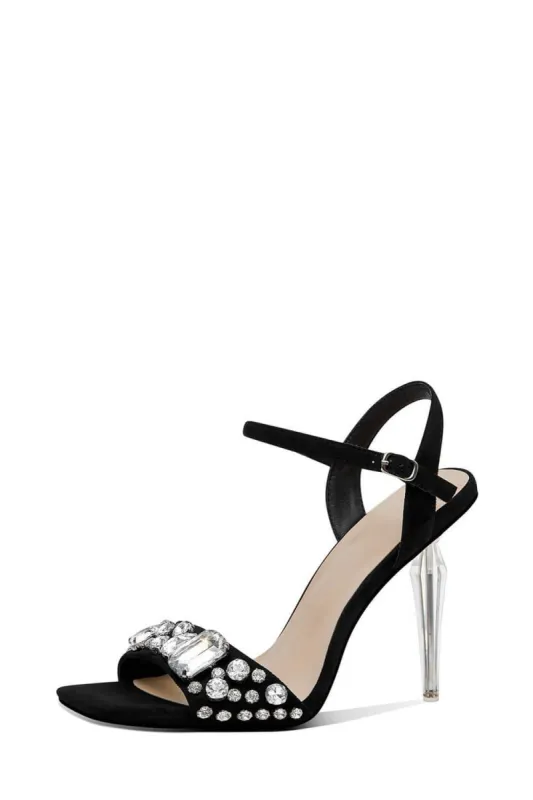 Crystal-Embellished Faux Suede Clear Perspex Ankle-Strap Open Square Toe Heeled Sandals sold by Floralkini