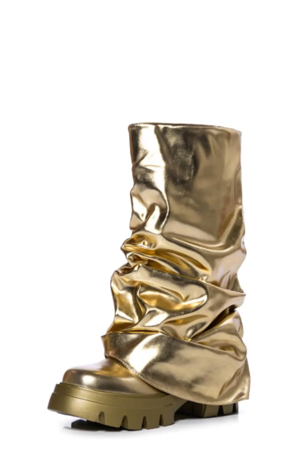 Metallic Scrunched Foldover Mid Calf Flatform Chunky Boots - Gold sold by Floralkini product image thumbnail 2