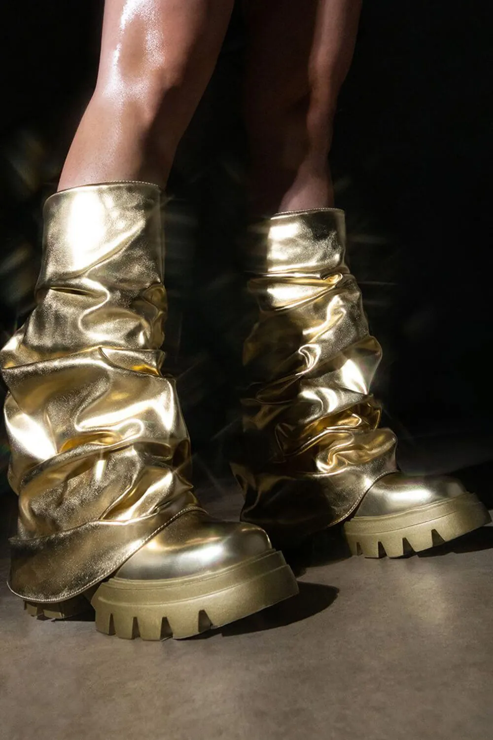 Metallic Scrunched Foldover Mid Calf Flatform Chunky Boots - Gold sold by Floralkini product image thumbnail 4